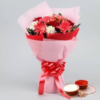 3 red roses 4 pink gerbera 3 white carnation with red