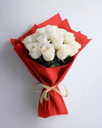 12 white roses with red paper and golden ribbon