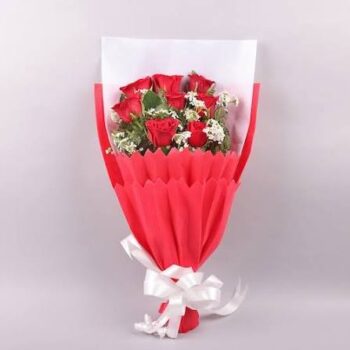 8 red roses with red and white paper packing