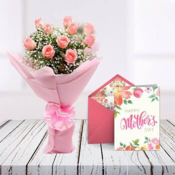 10 baby pink roses with pink packing and pink ribbon