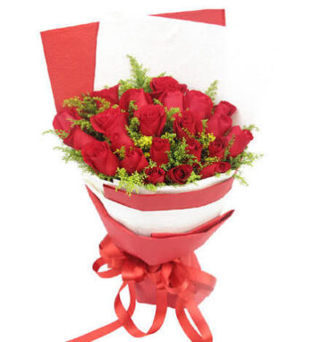 20 red roses with red and white paper and red ribbon